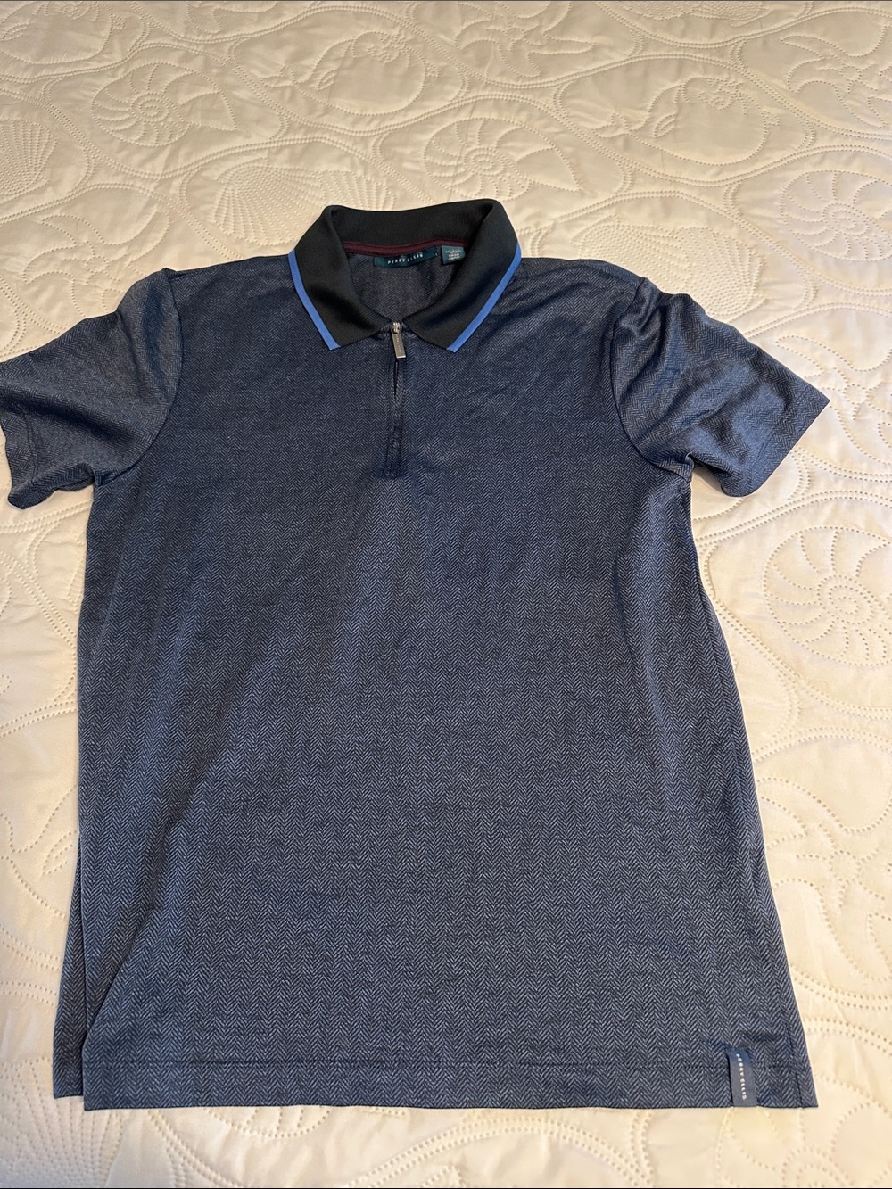 Perry Ellis Navy Short-Sleeve Zip Polo with Black Contrast Collar